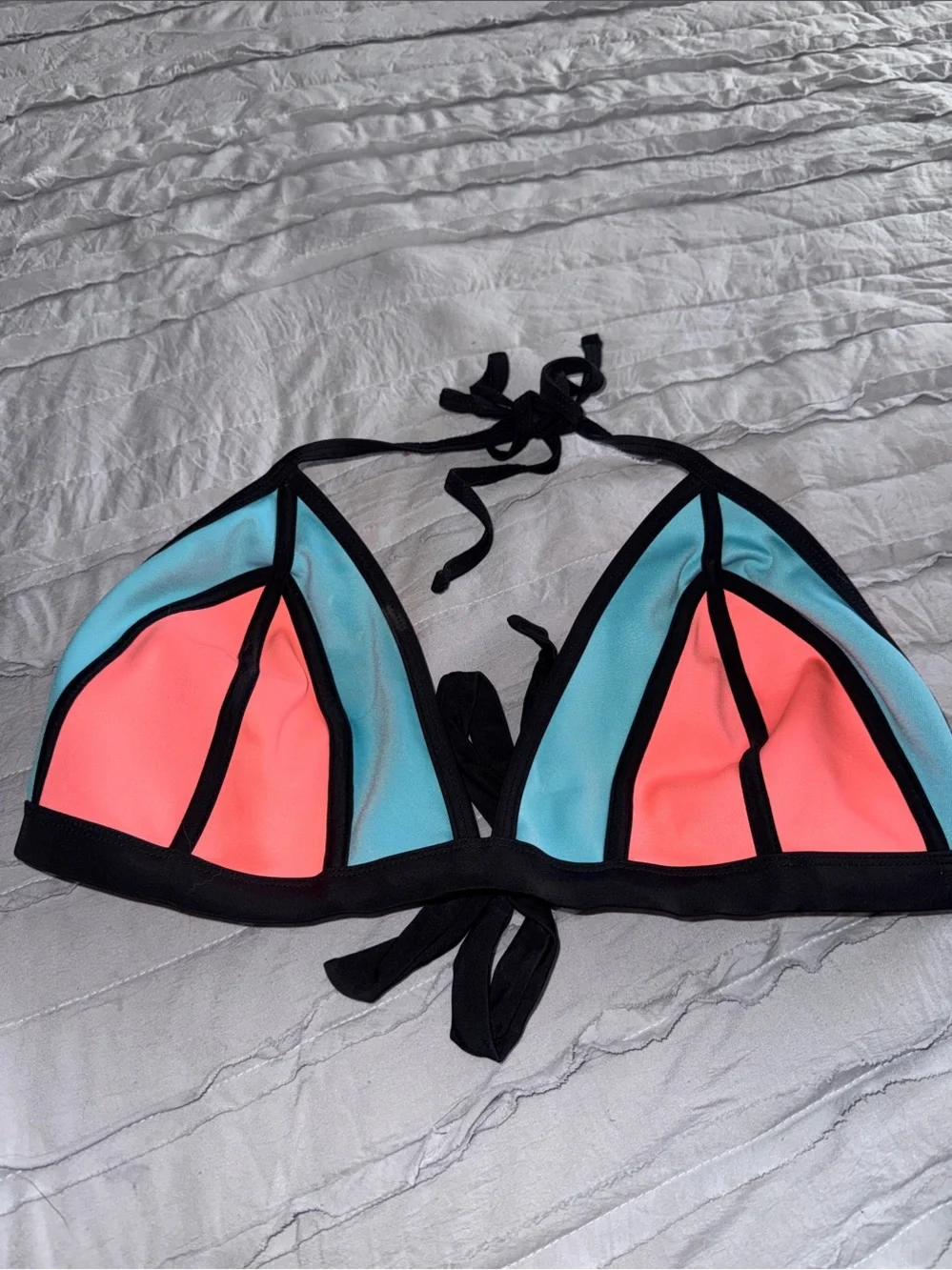 Xhilaration Coral & Aqua Triangle Bikini Top with Black Trim